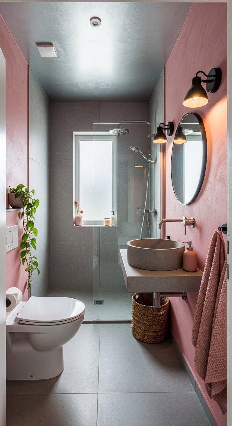 sophisticated industrial feminine bathroom design