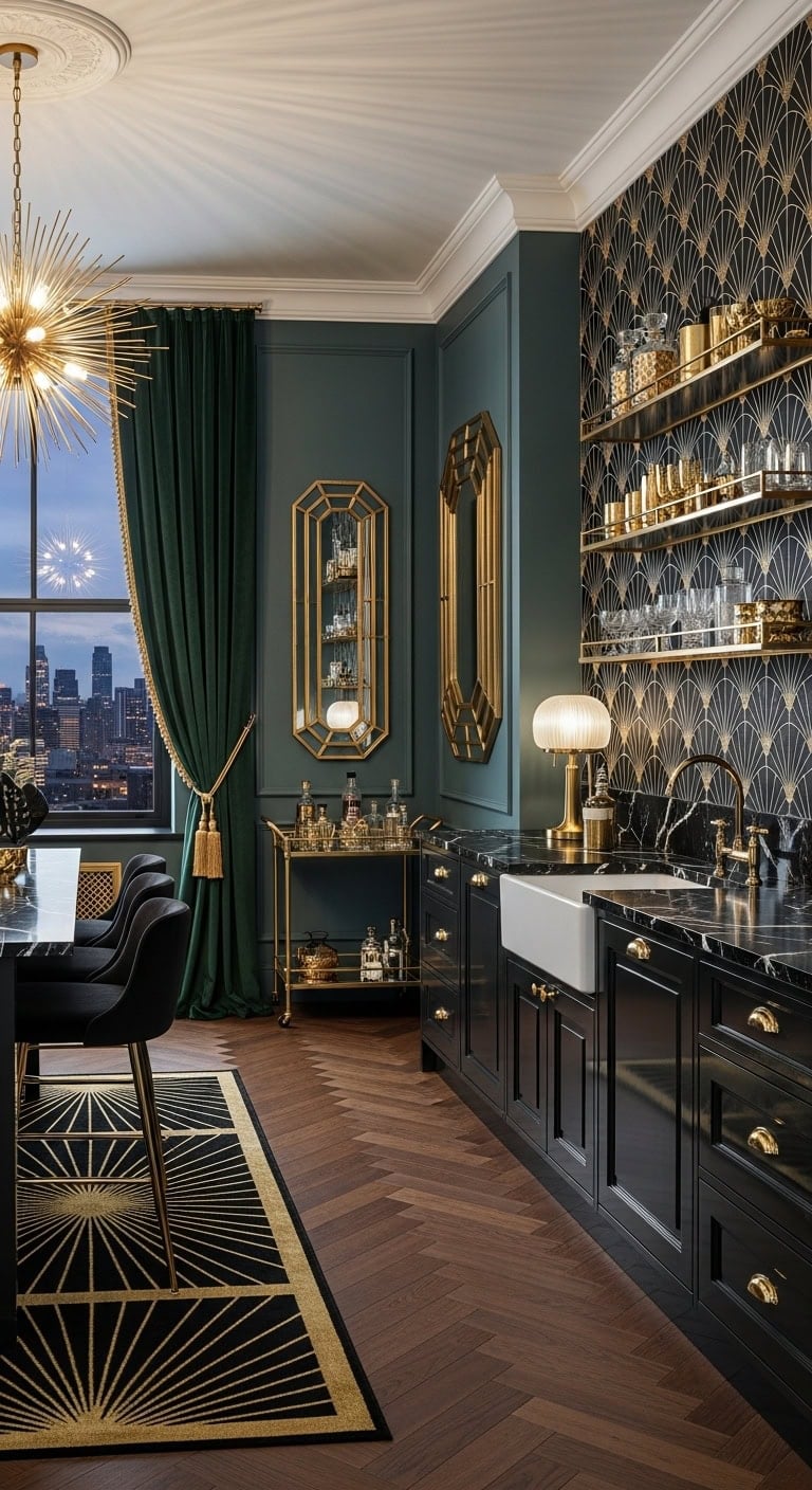 sophisticated metallic accented art deco open plan