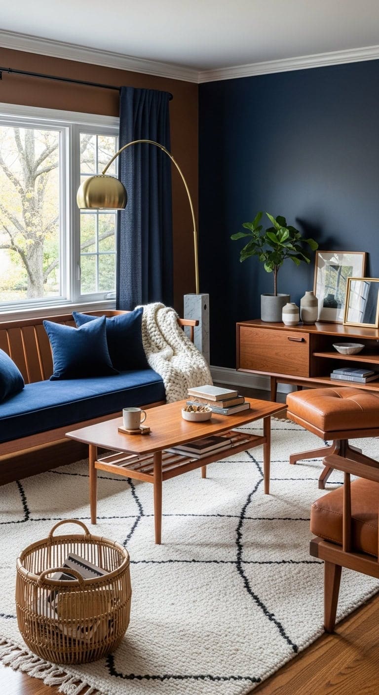 sophisticated mid century navy wood furnishings