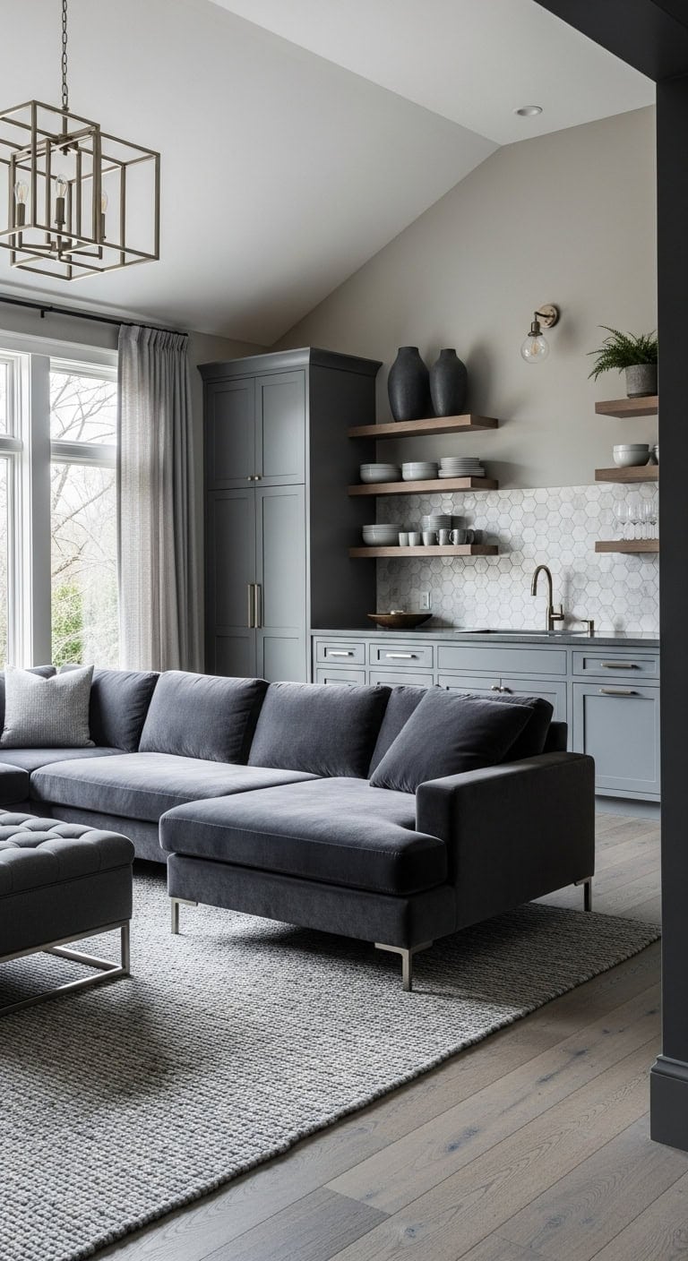 sophisticated monochromatic open plan living