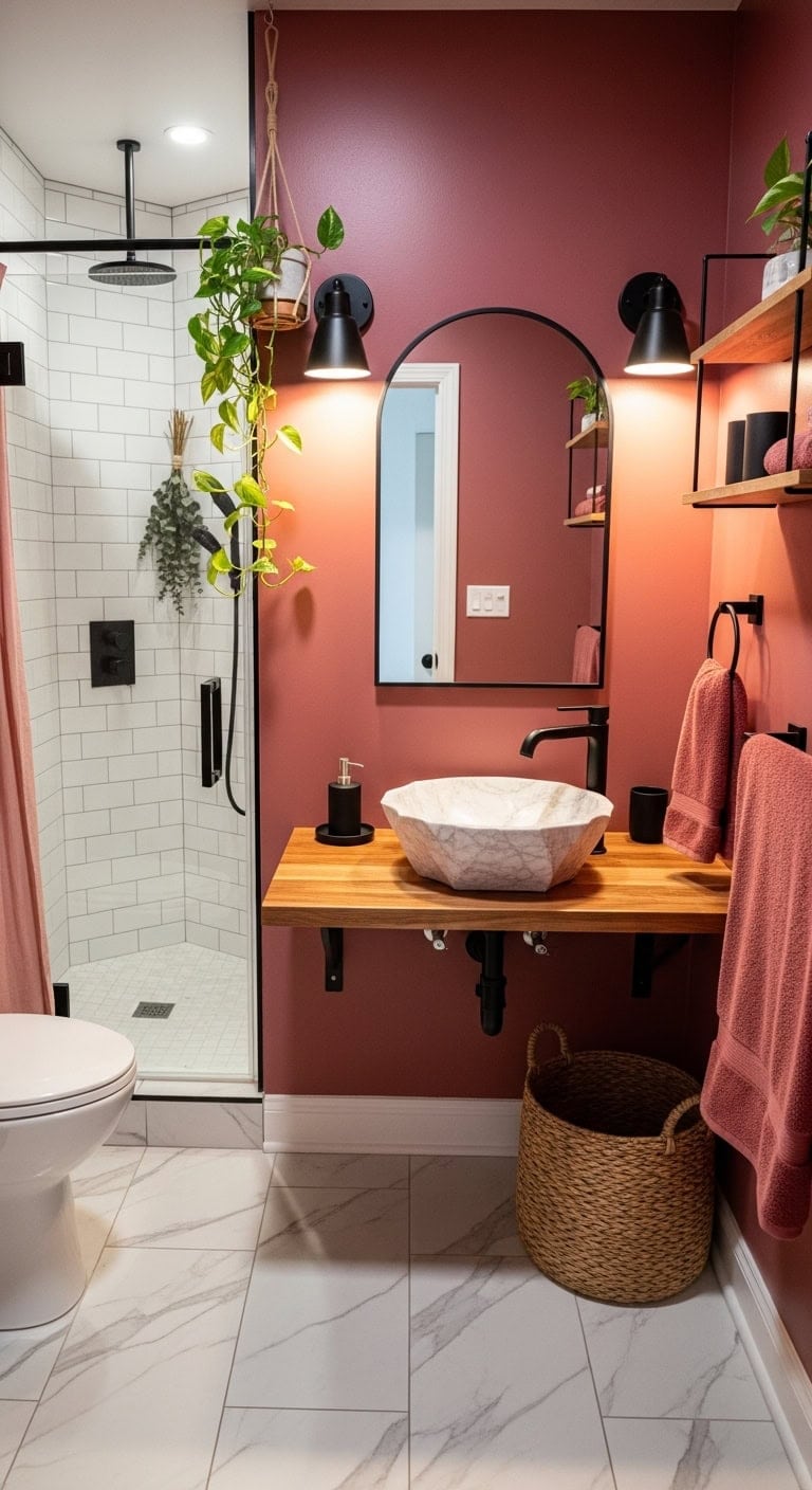 sophisticated moody bathroom with bold accents