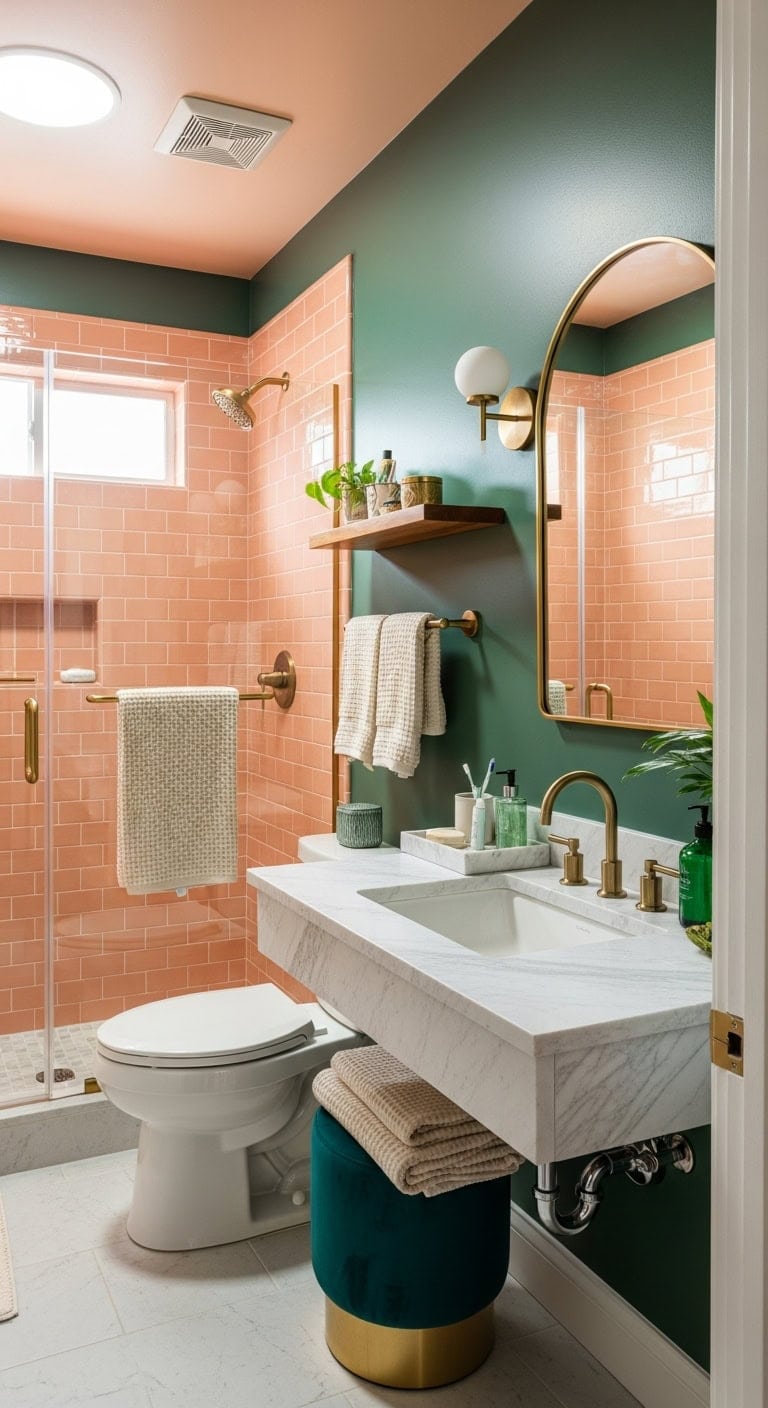 sophisticated peach tile and jewel toned walls