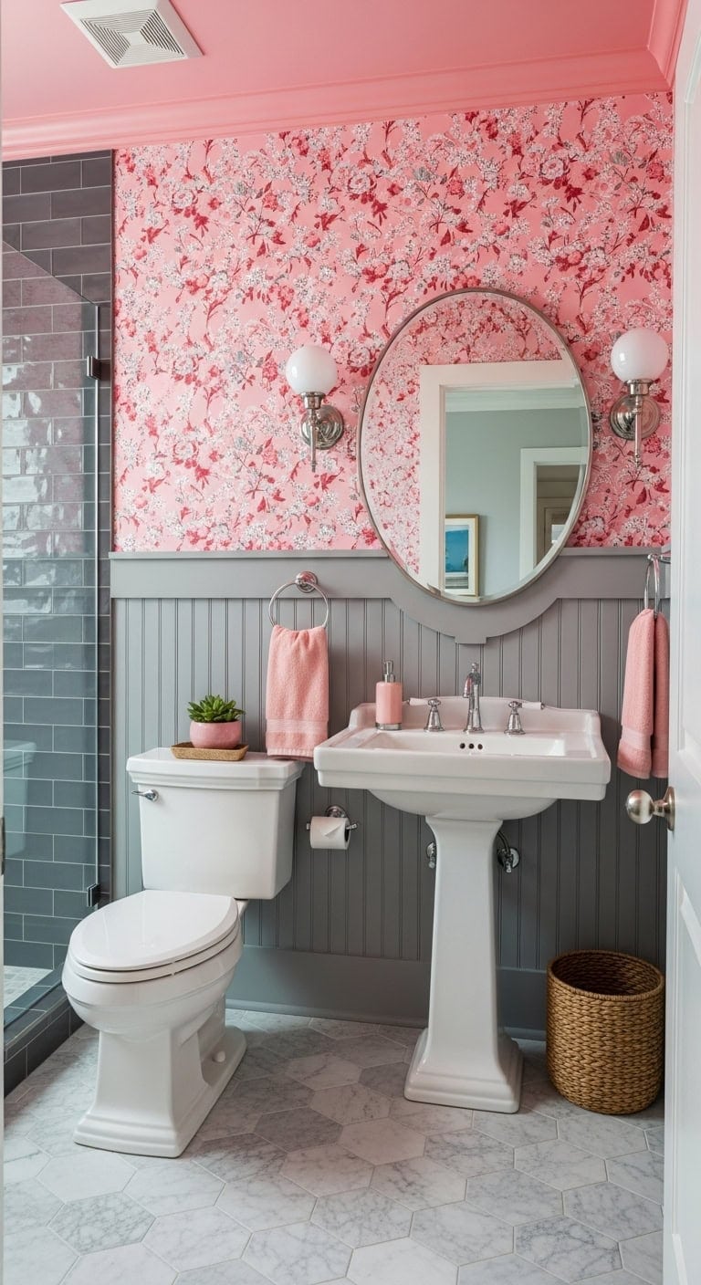 sophisticated pink patterned powder room transformation