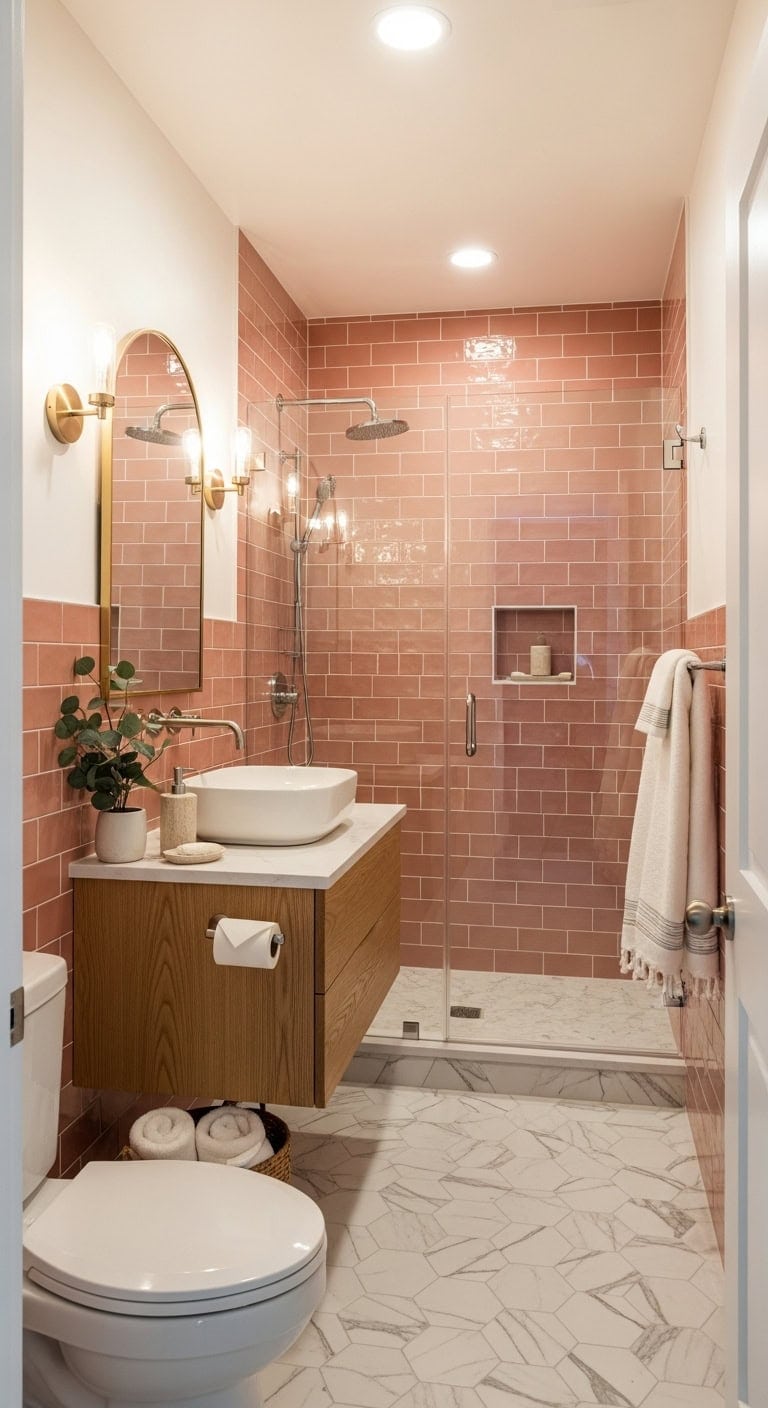 sophisticated pink subway tile bathroom