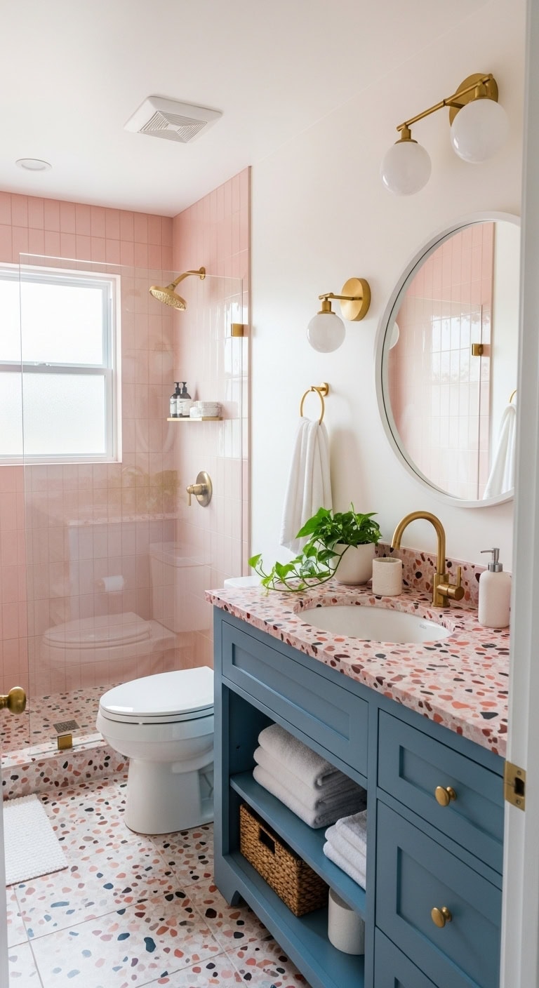 sophisticated pink terrazzo bathroom design