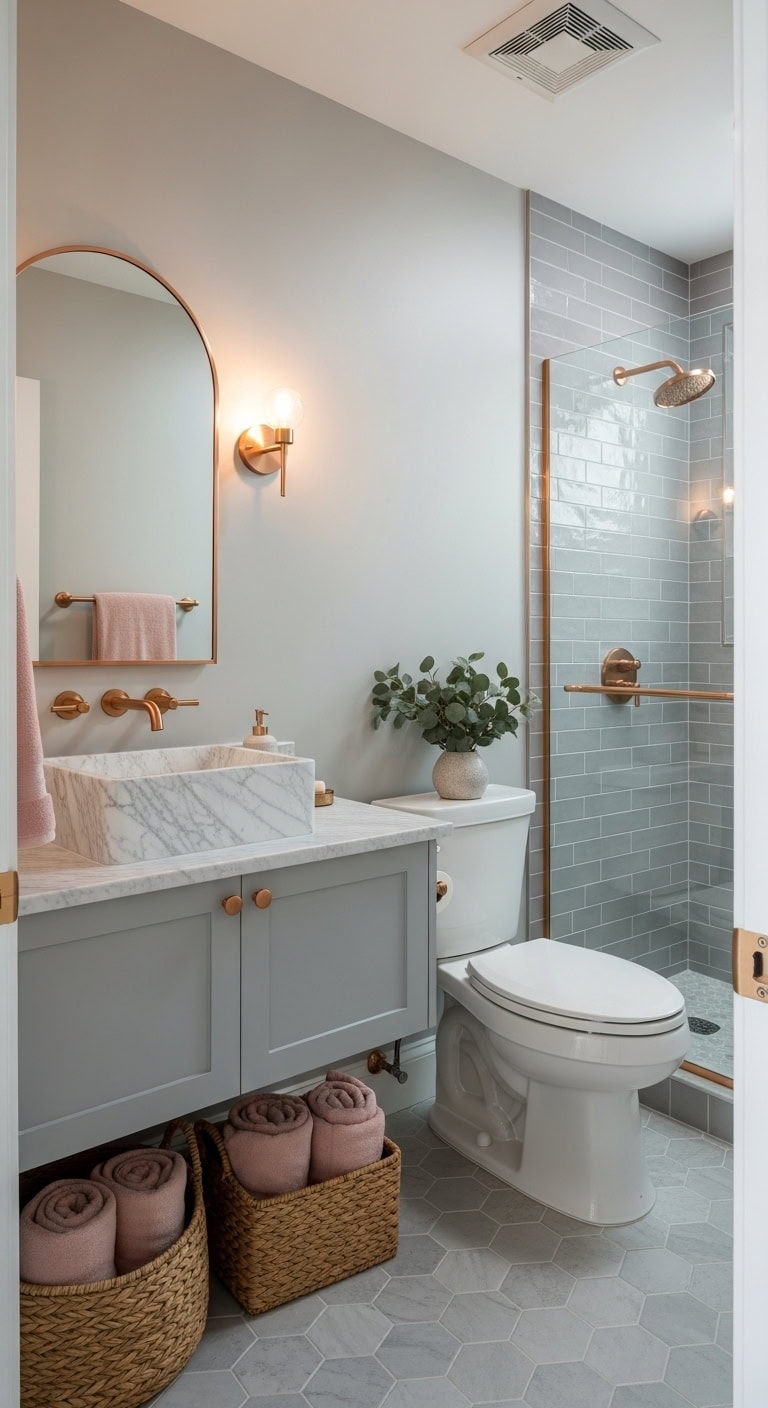 sophisticated rose gold bathroom transformation