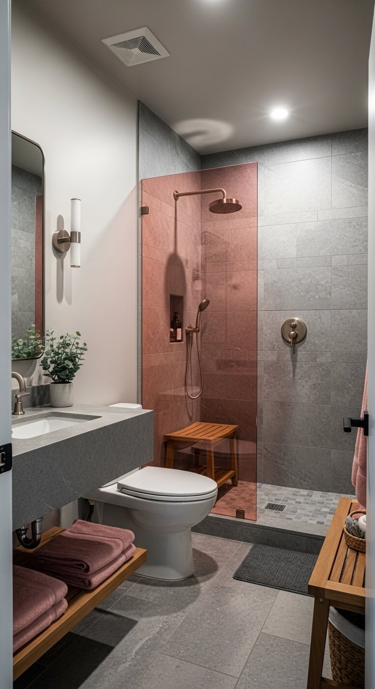 sophisticated stone and blush glass shower
