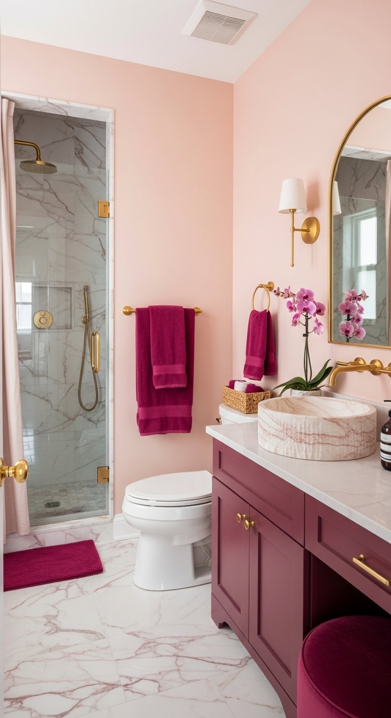 sophisticated two tone blush and berry bathroom