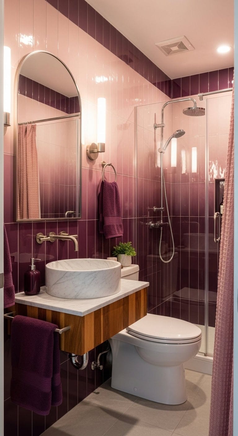 spa like gradient plum to pink bathroom