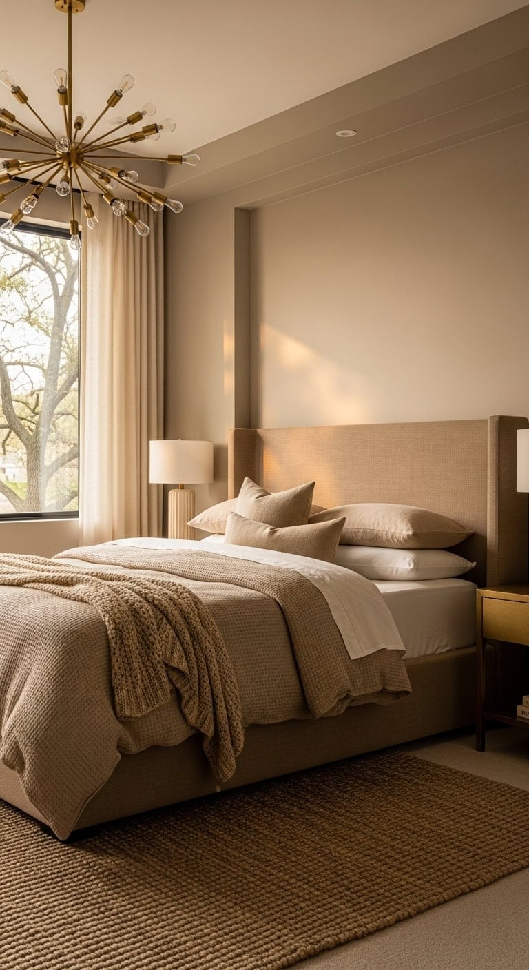 statement lighting transforms neutral bedroom