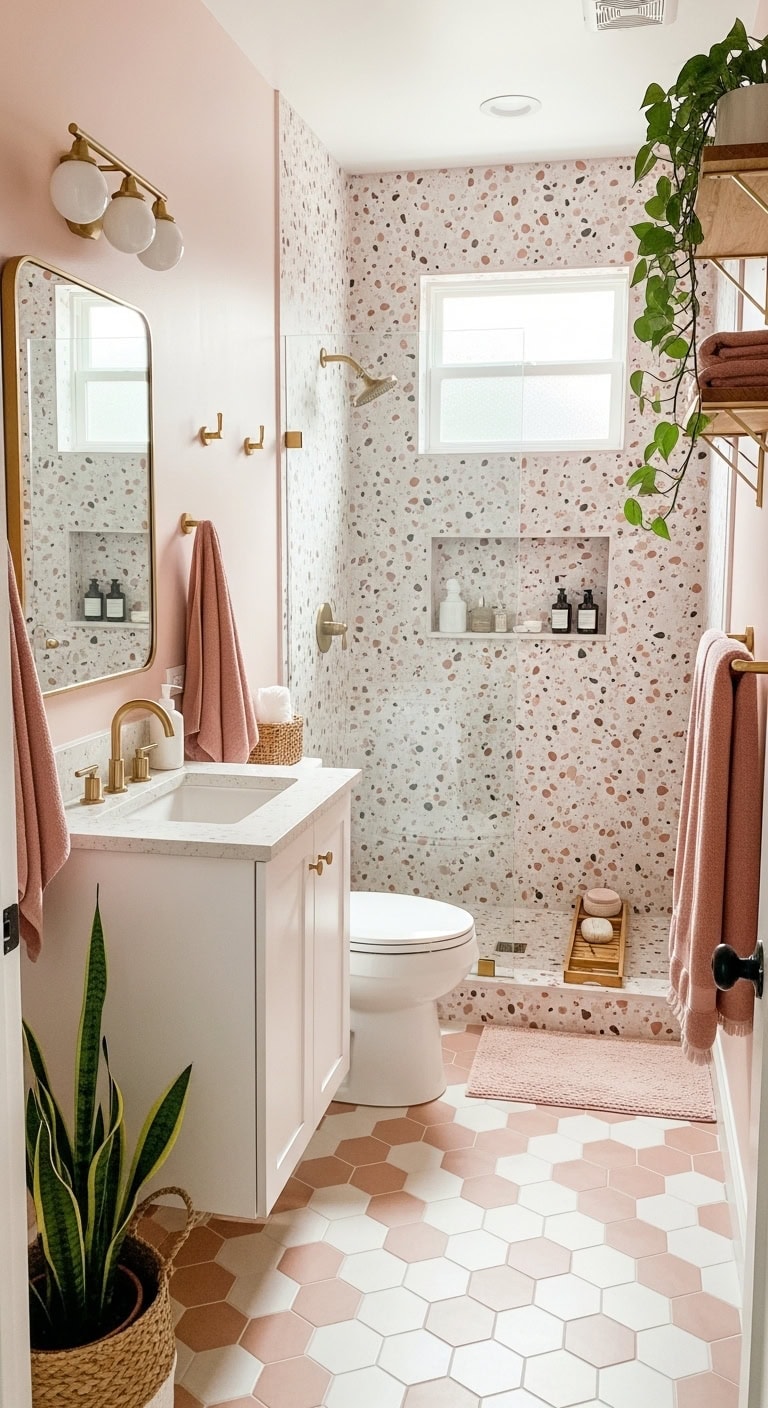 stylish recessed terrazzo niche storage