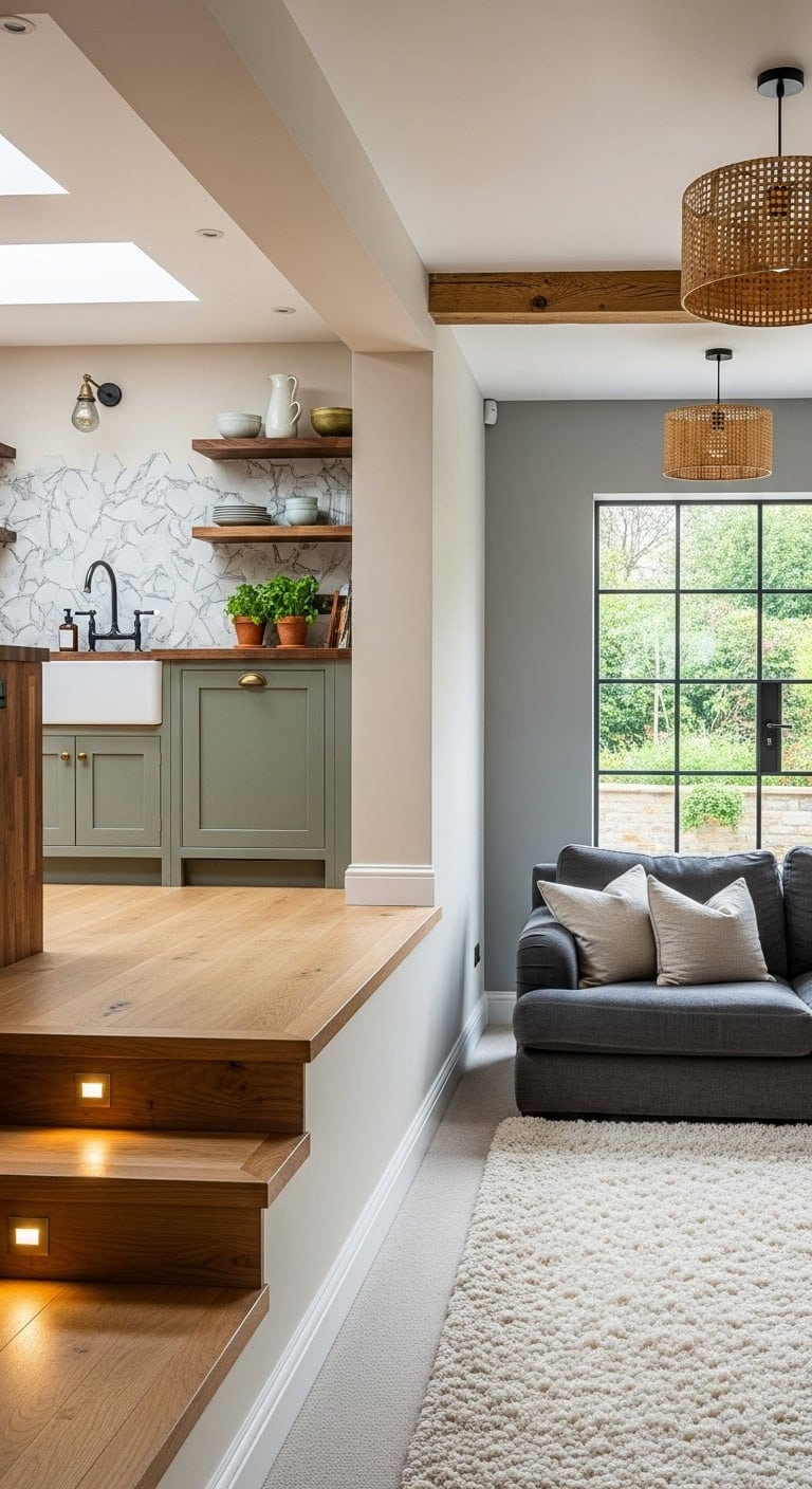 sunken living elevated kitchen architectural drama