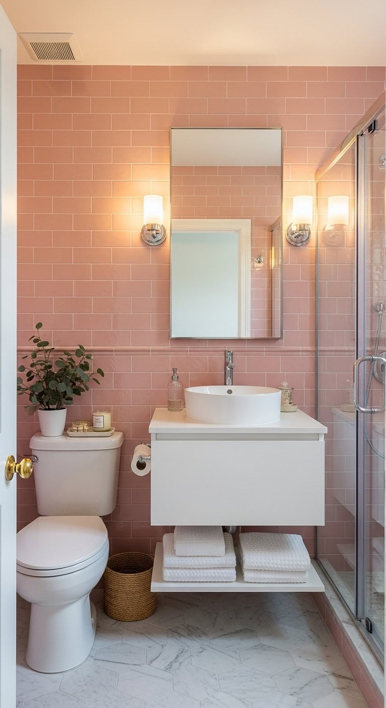 timeless contemporary pink subway tile bathroom