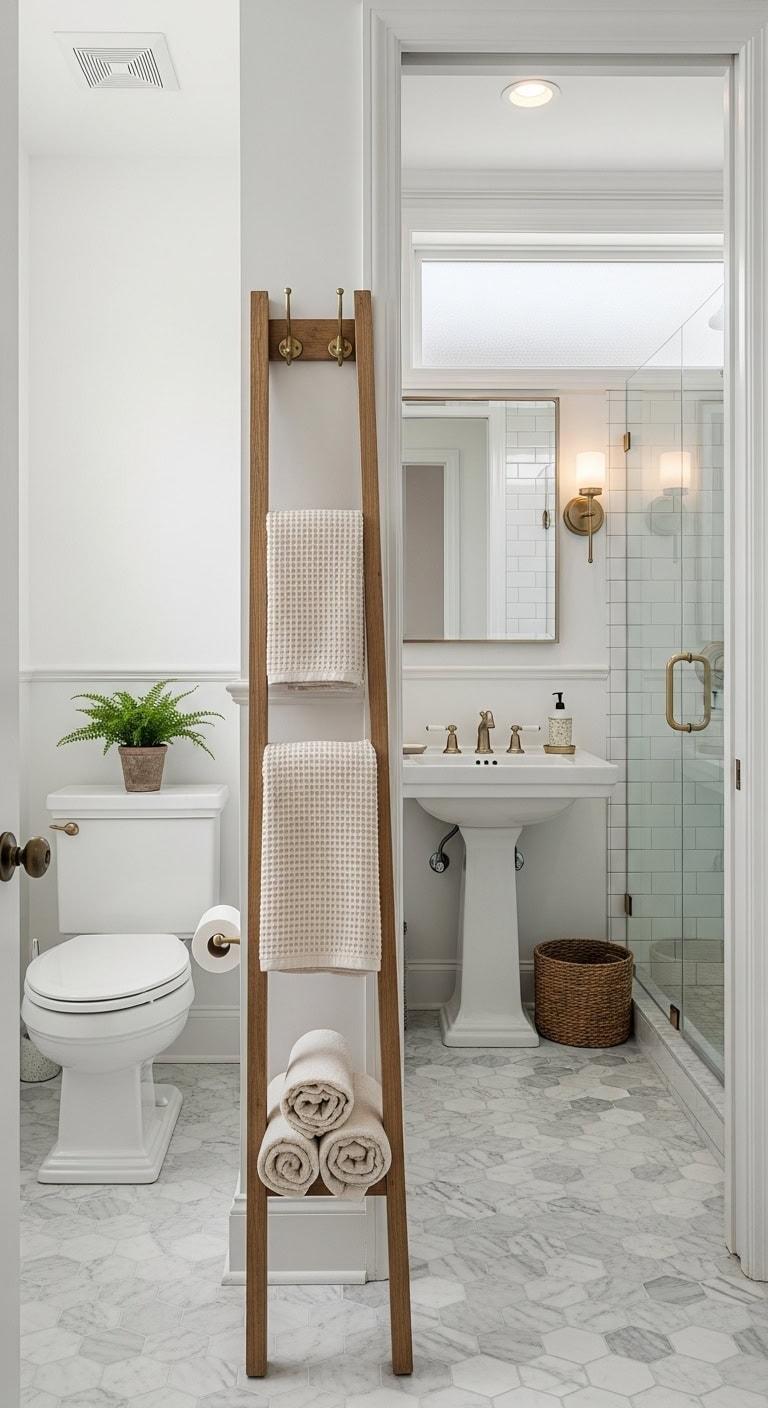 traditional narrow bathroom storage solution