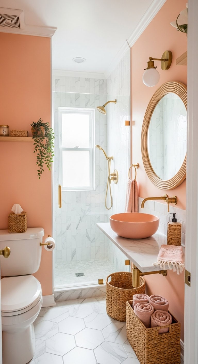 tranquil rattan accented peachy powder room