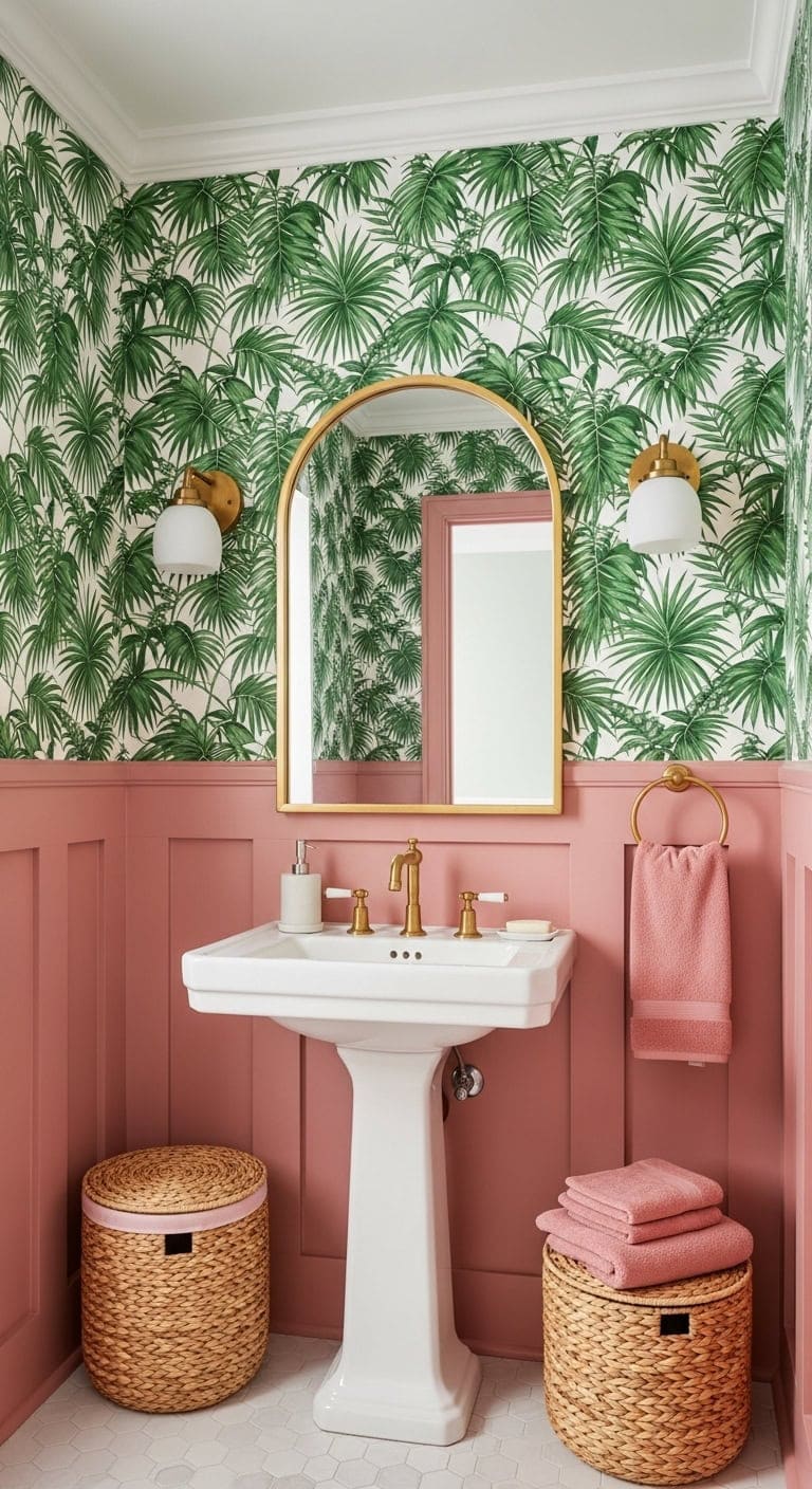tropical oasis in blush bathroom