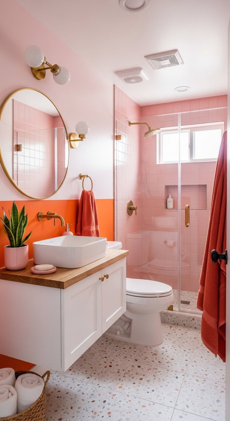 vibrant color blocked millennial pink persimmon bathroom
