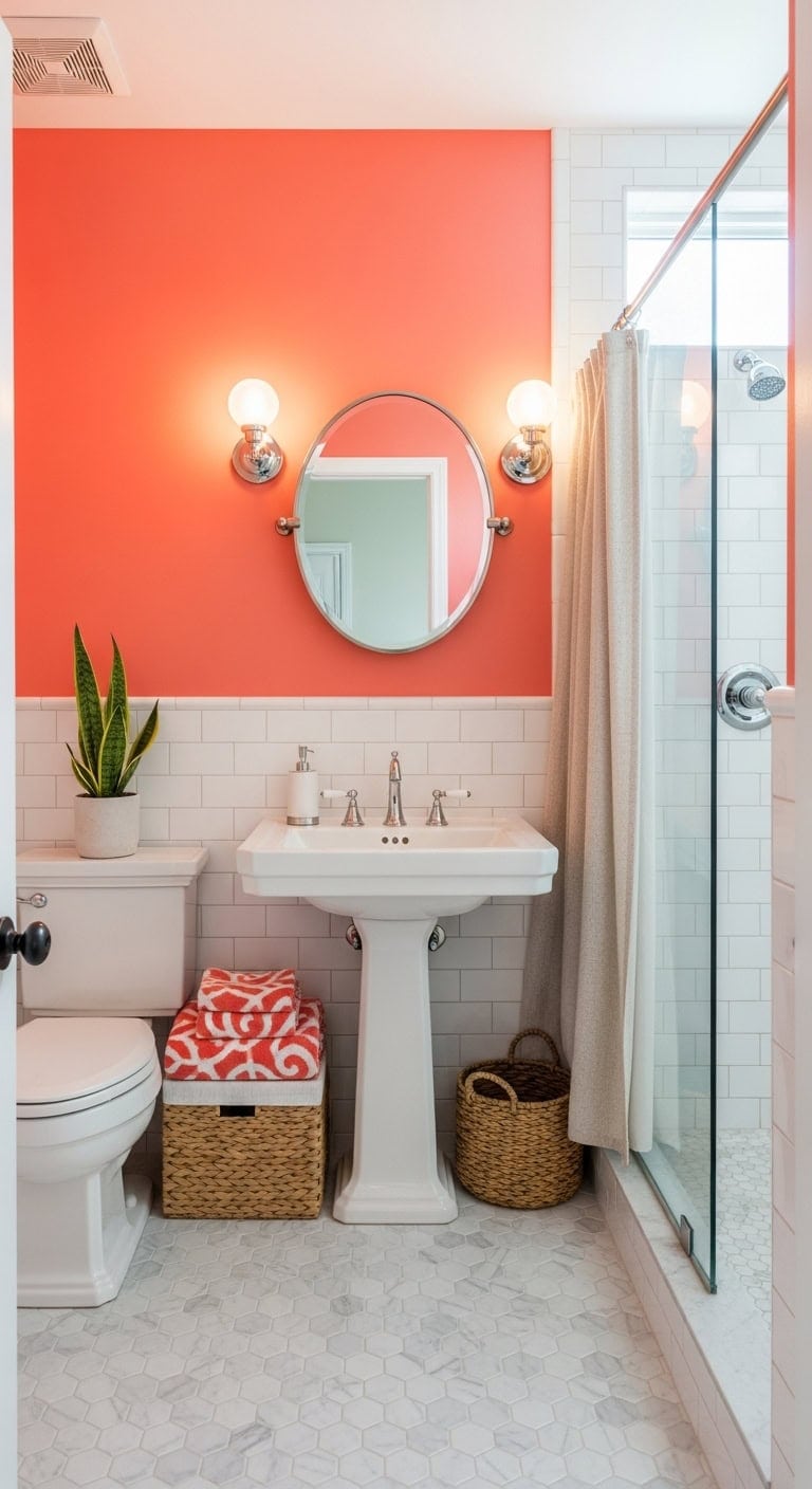 vibrant coral bathroom transformation focal point