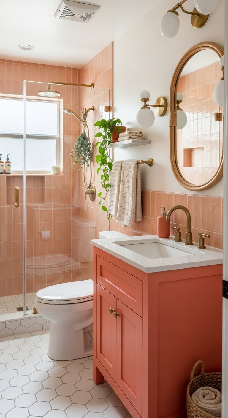 vibrant coral vanity soft peach backdrop