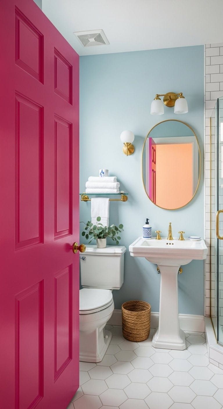 vibrant fuchsia door calming blue backdrop