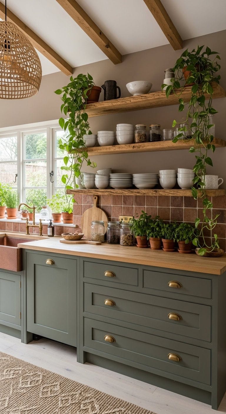 vibrant greenery softens hard kitchen lines
