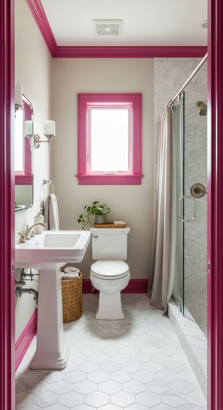 vibrant magenta trim elevates neutral bathroom