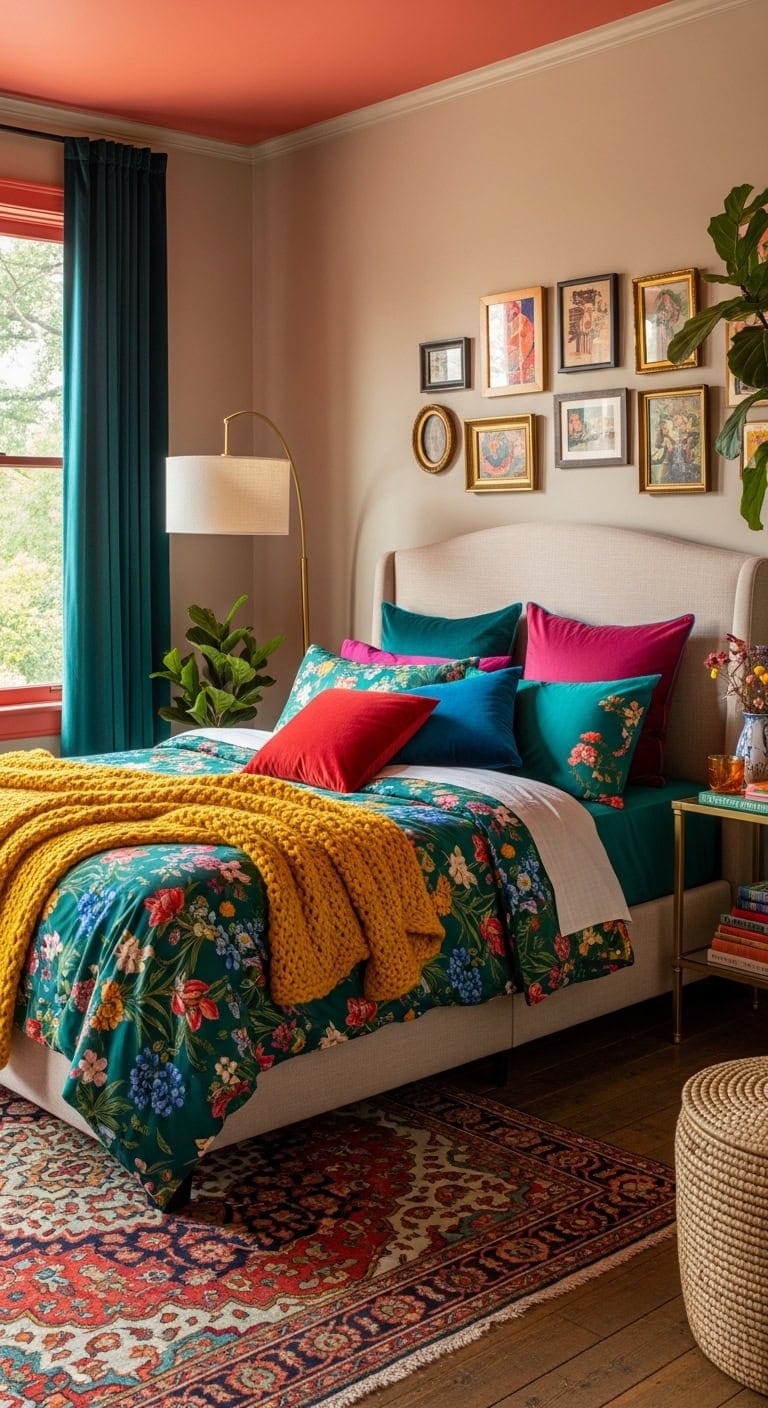 vibrant maximalist bedding on neutral foundation