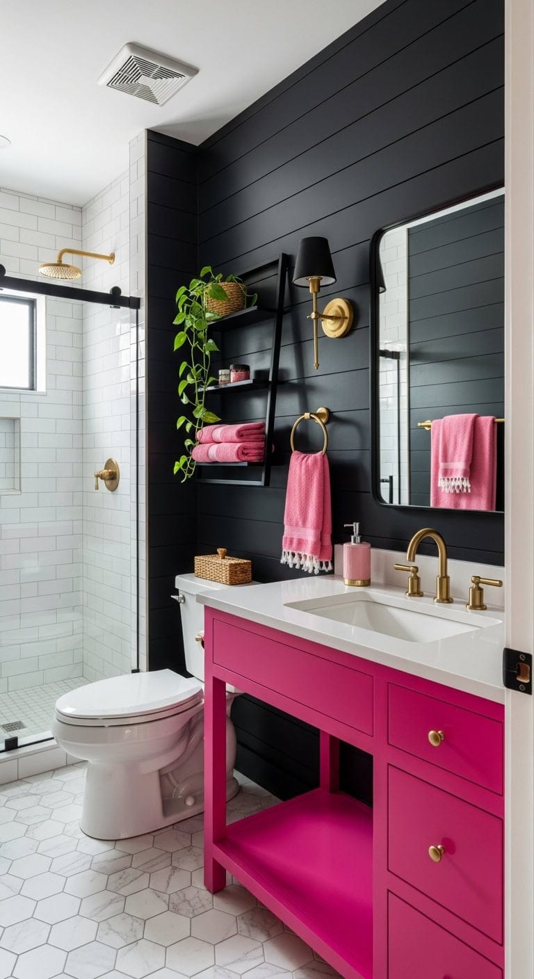 vibrant pink vanity against moody black