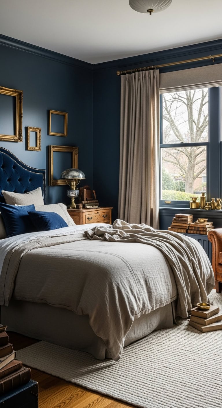 vintage brass sophisticated navy bedroom