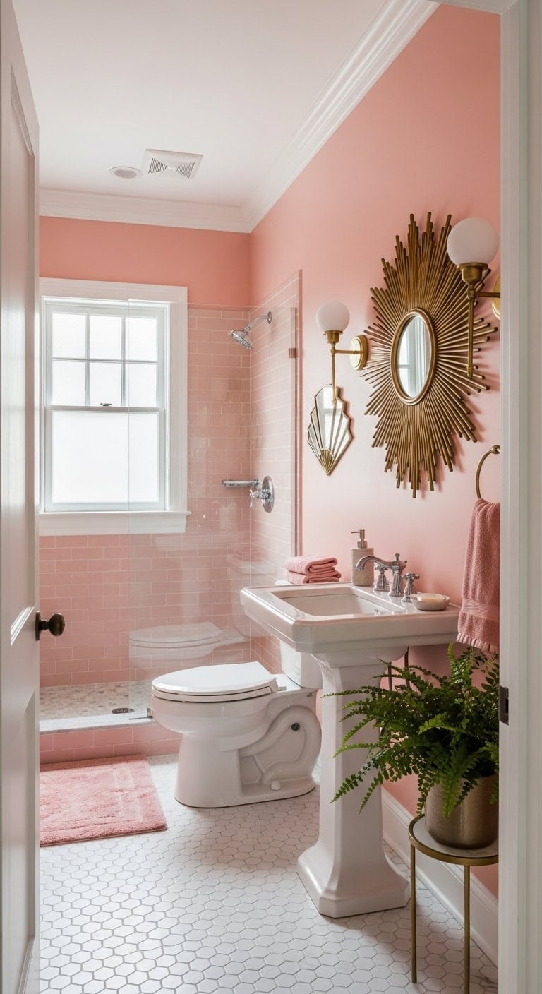 vintage hollywood glamour in pink bathroom