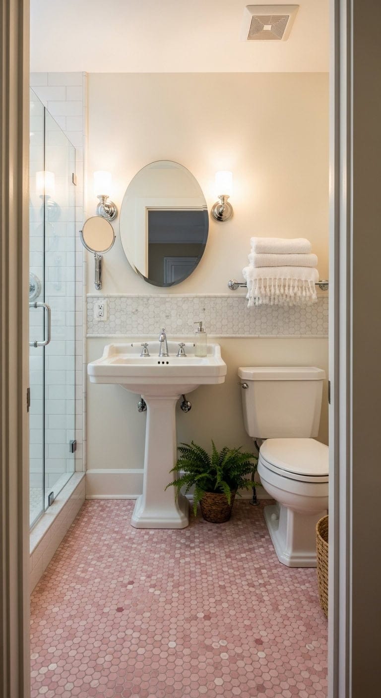 vintage inspired pink penny tile bathroom