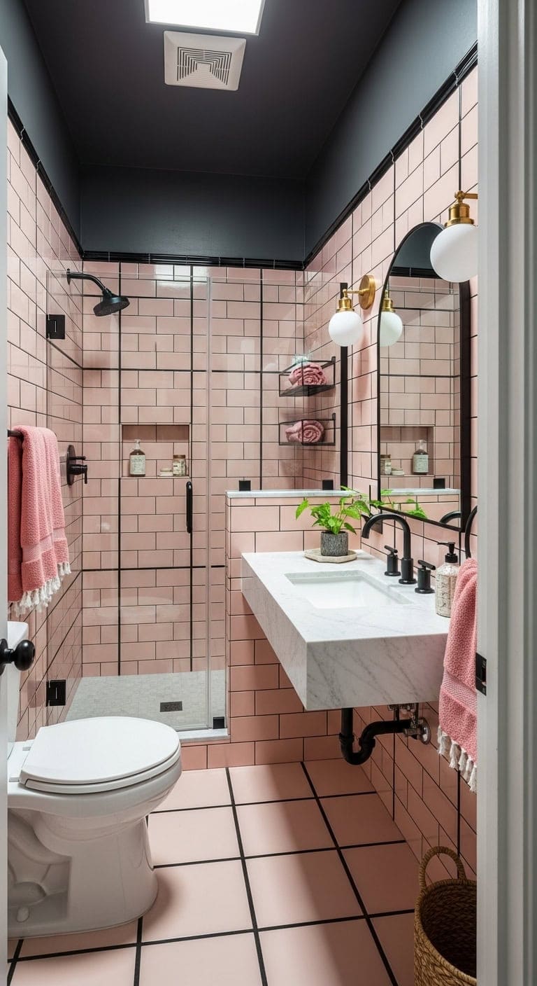 vintage modern contrasting soft pink bathroom