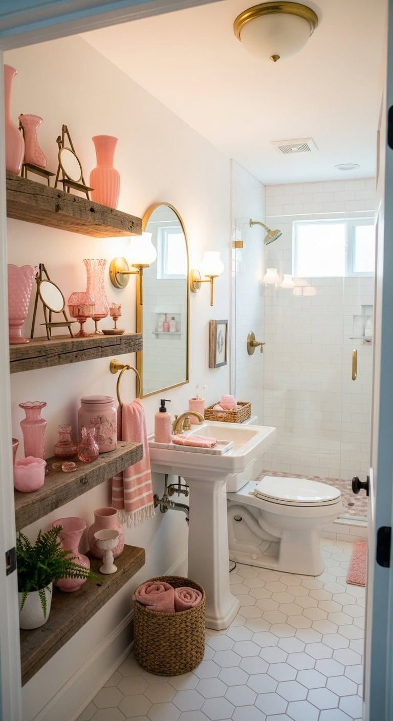 vintage pink bathroom collectibles display