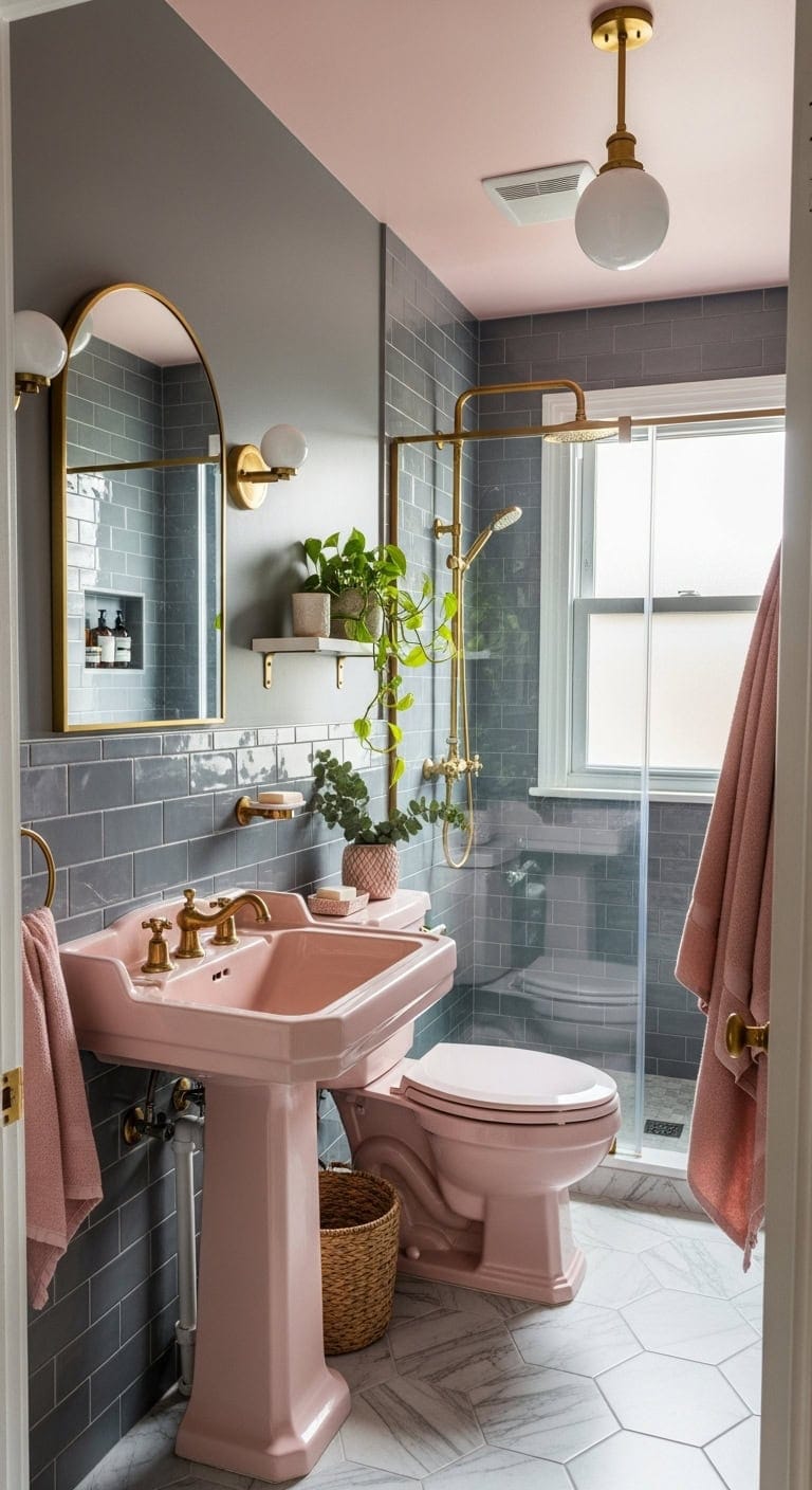 vintage pink modern grey bathroom