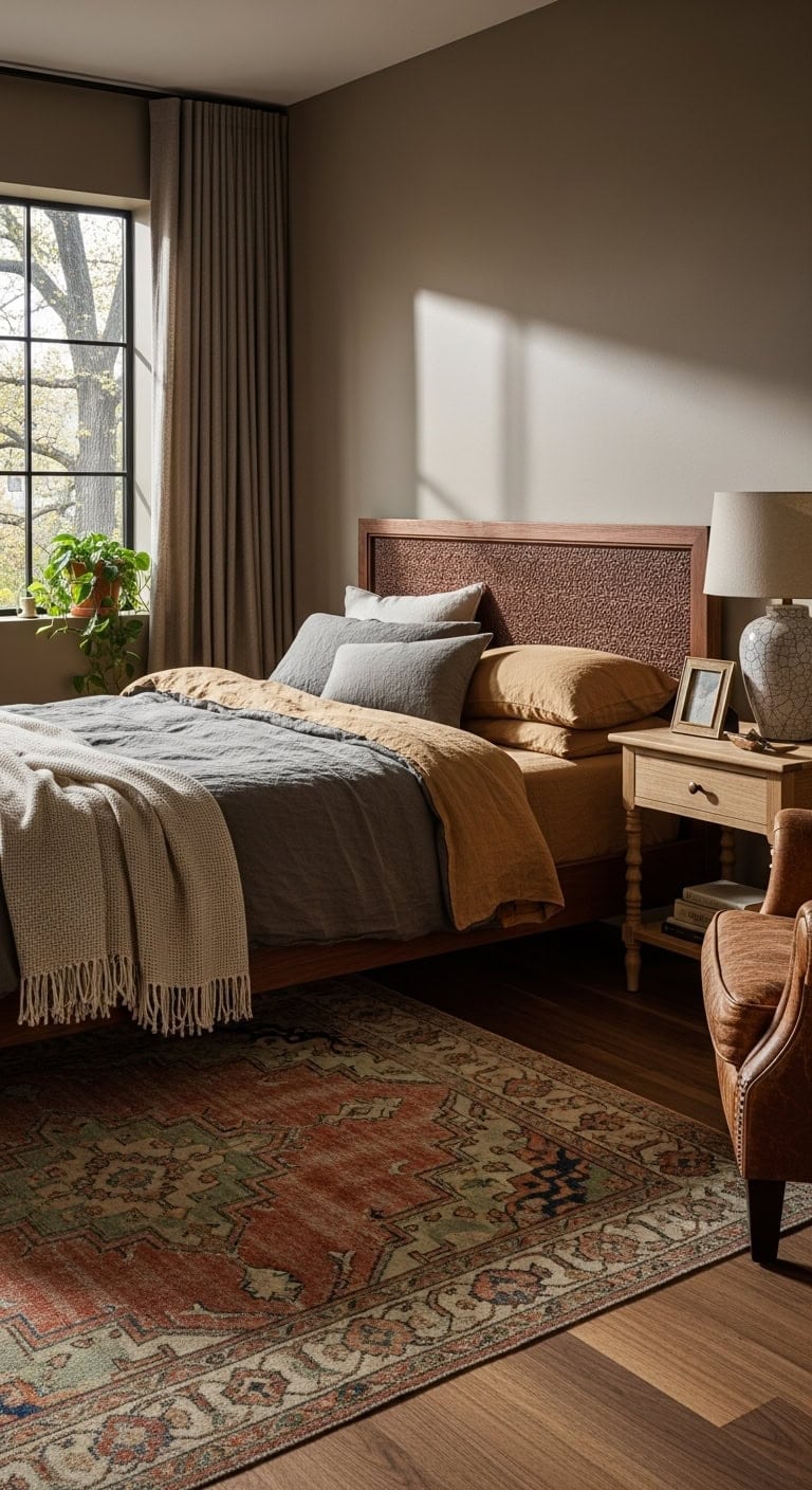 vintage rugs anchor beige bedroom