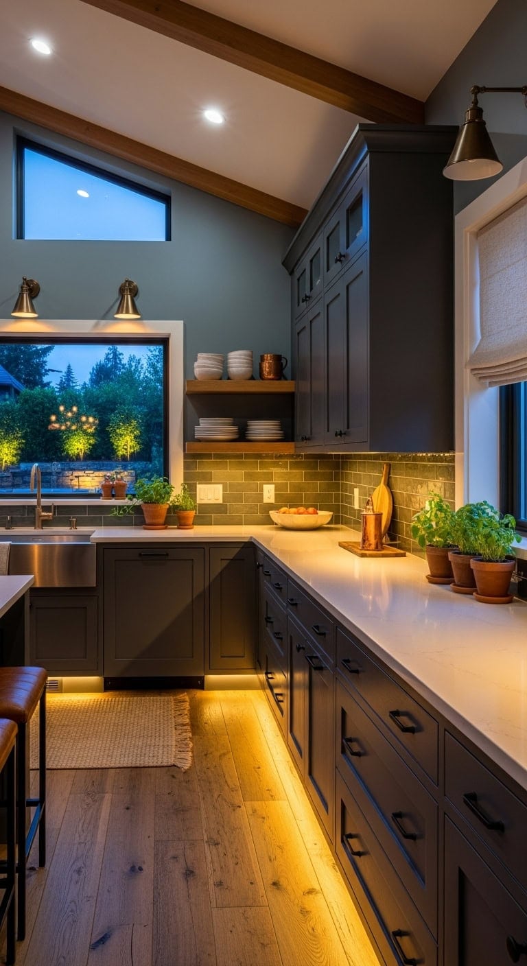 warm atmospheric kitchen under cabinet lighting