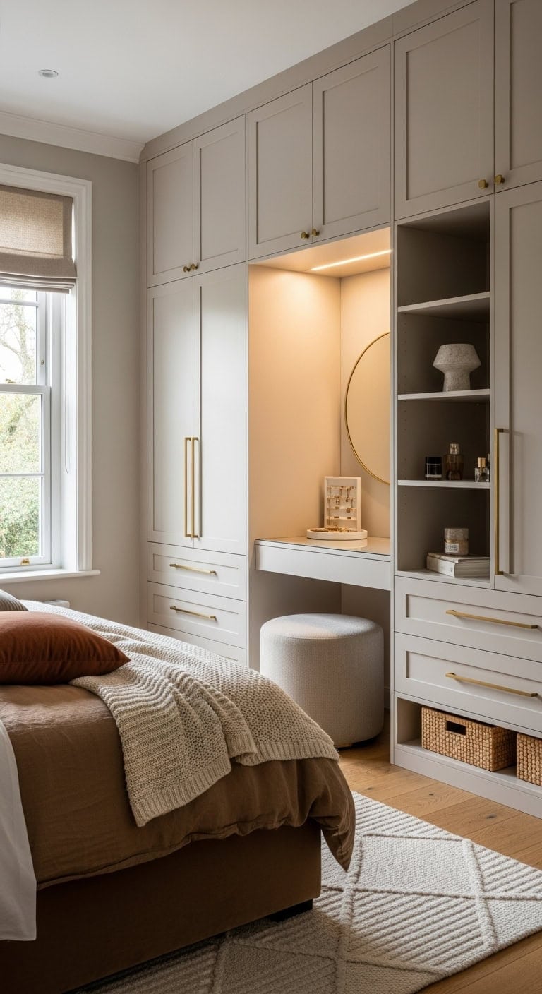 warm beige wardrobe vanity integration