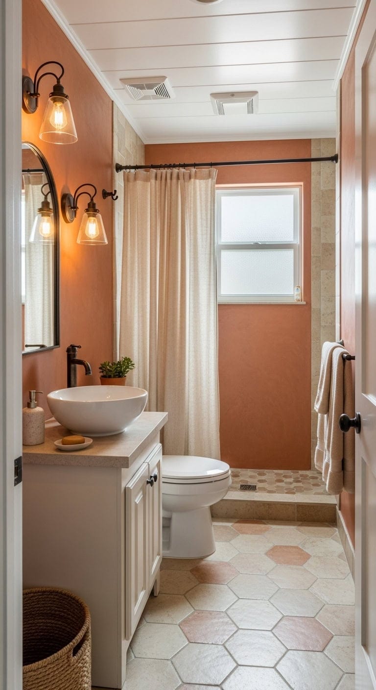 warm budget friendly mediterranean bathroom transformation