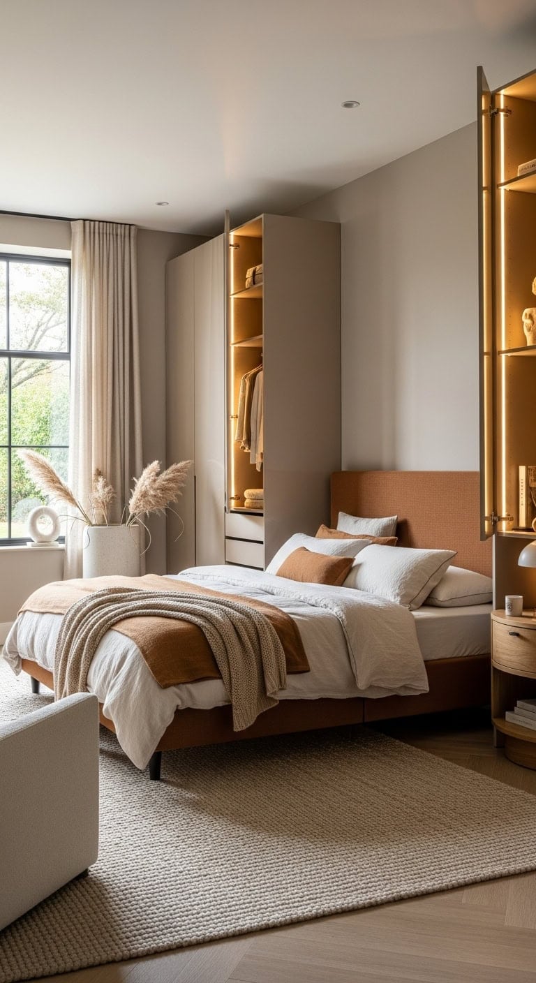 warm calm modern functional bedroom storage