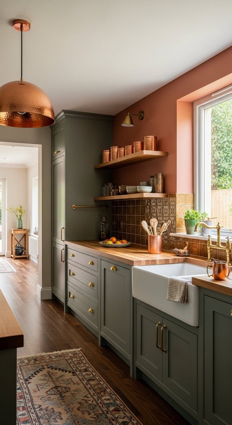 warm metallic kitchen accents enhance coziness