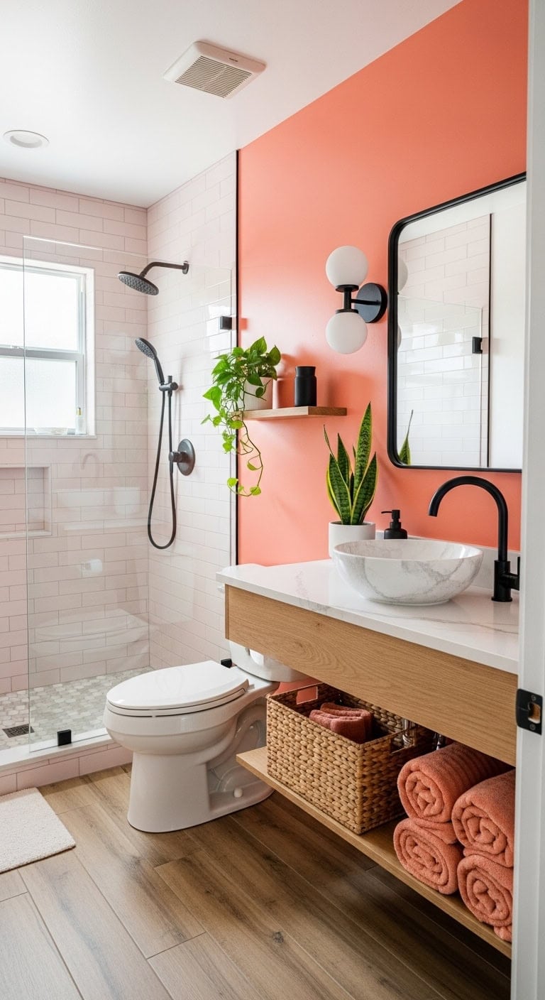 warm modern inviting bathroom accent wall