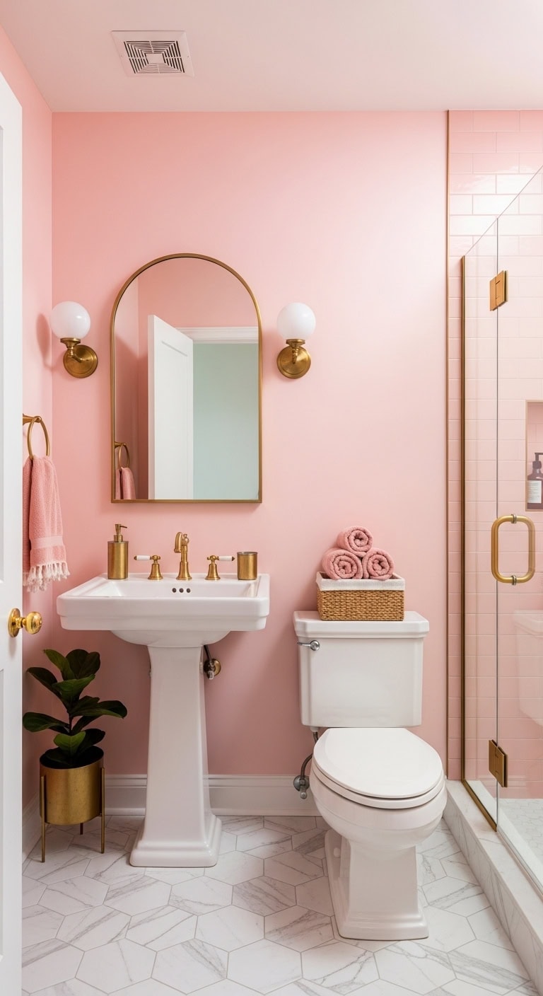 warm modern sophisticated powder room