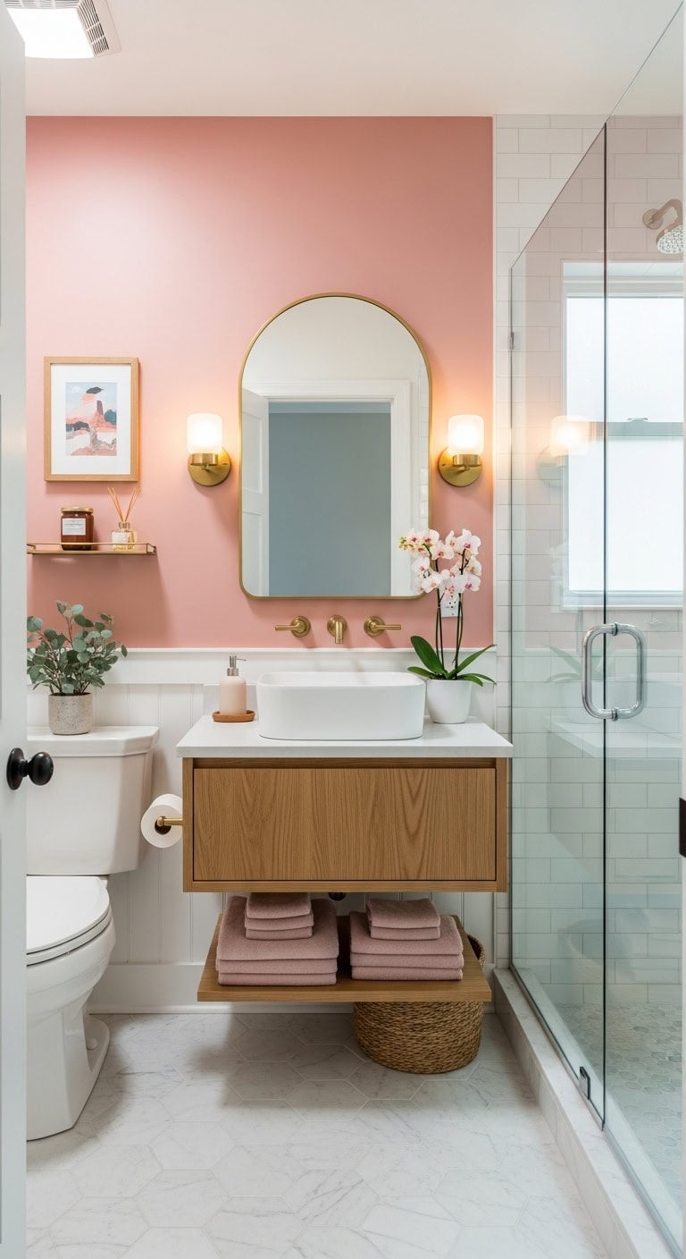 warm sophisticated bathroom accent wall