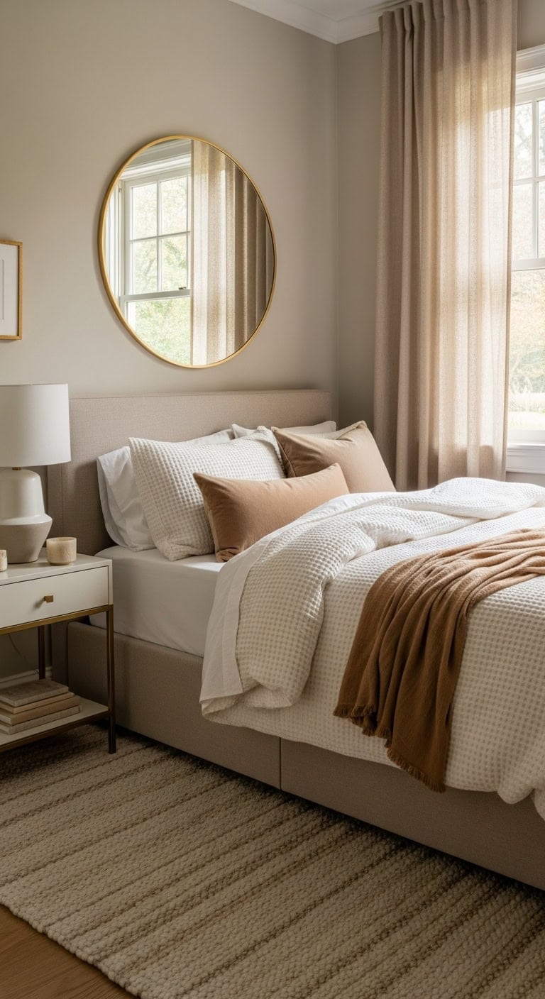 warm spacious beige and gold bedroom