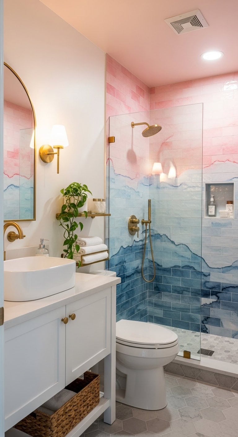 watercolor tile mural artistic bathroom retreat