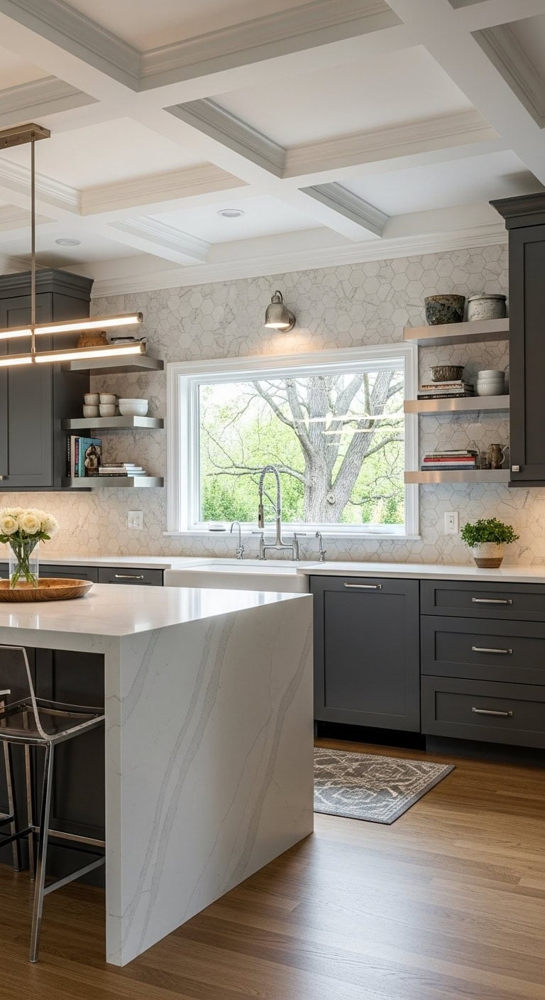 waterfall island anchors open kitchen layout