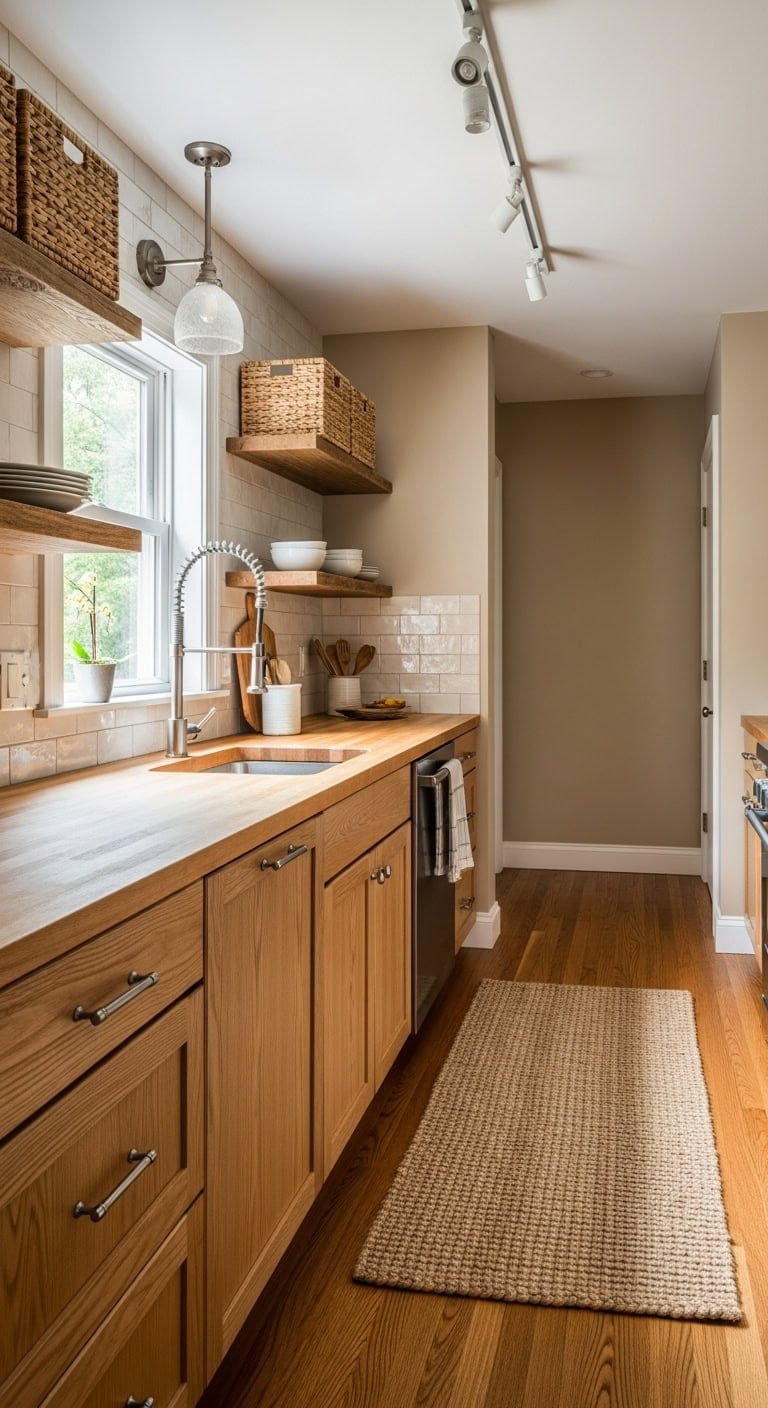 zoned linear layout with warm accents