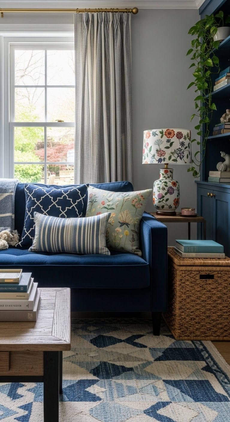 anchor bold patterns with blue sofa