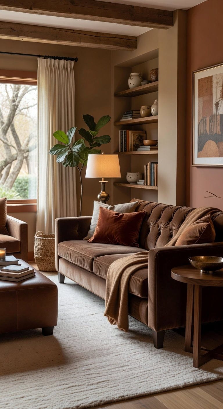 anchoring chocolate brown velvet sofa ensemble