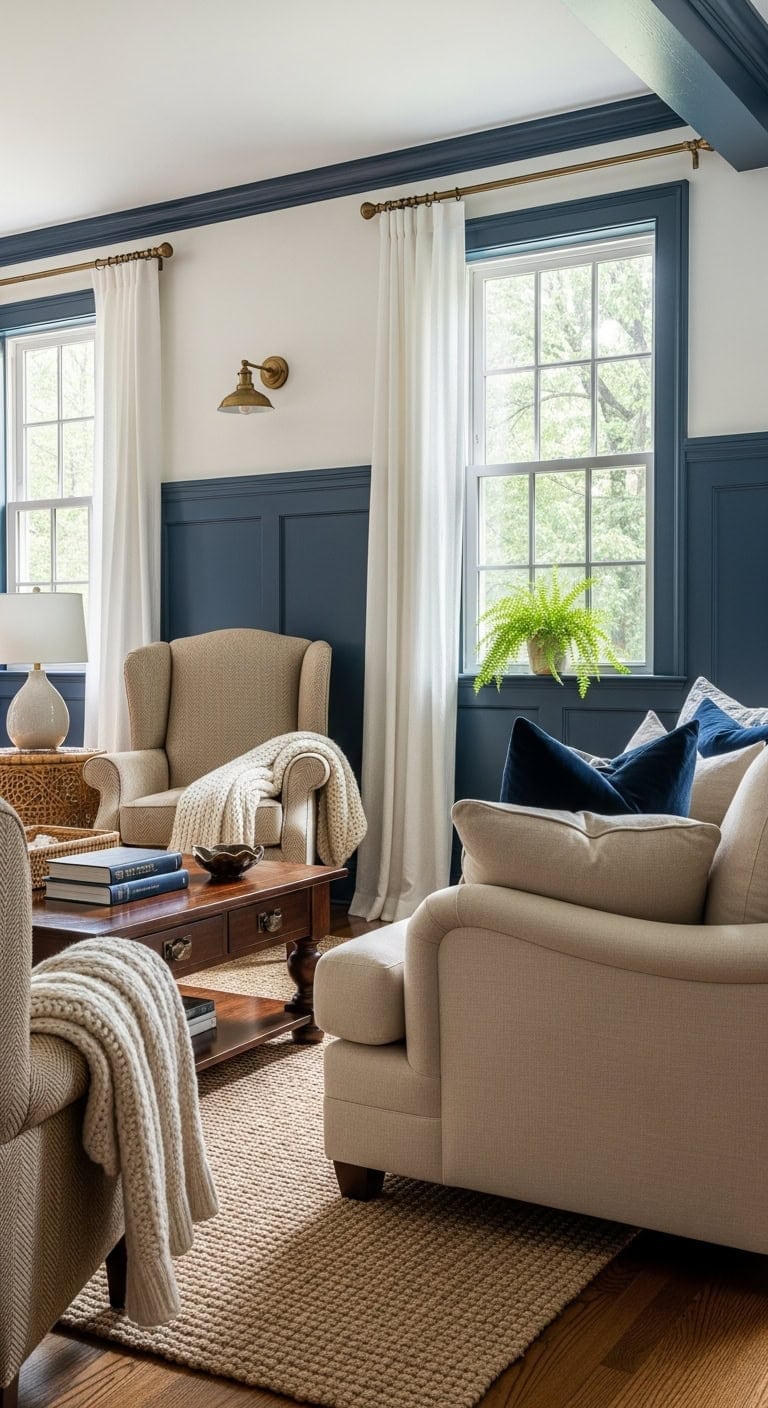 architectural navy wainscoting luxurious contrast